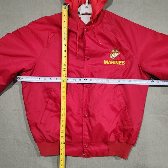 VTG United States Marine Corps USMC Mens Hooded Lined Red Satin Bomber Jacket - Picture 6 of 13